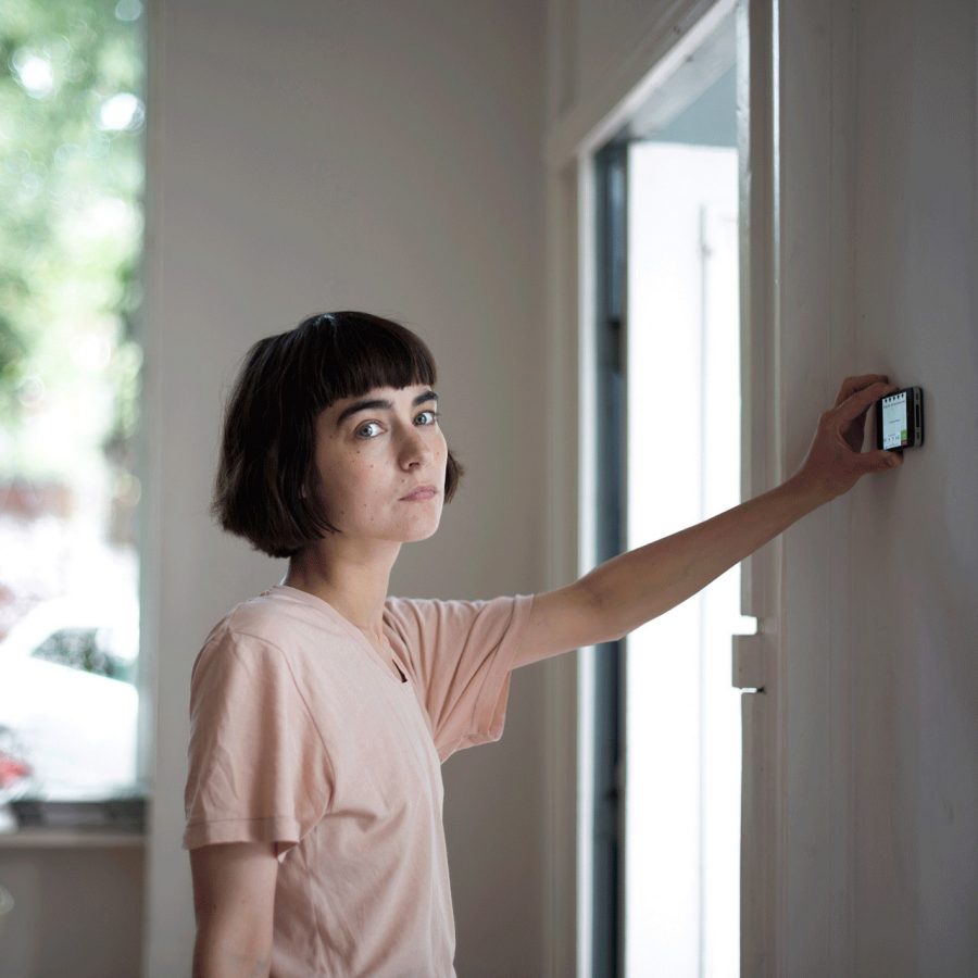 woman scans space in a coffee shop